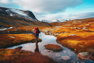 Wall Mural - Hikers and nature explorers Walking in the mountains with a cold atmosphere Beautiful winter nature landscape with morning sun rays. Generative AI
