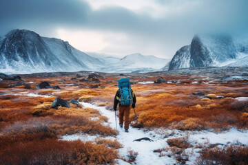 Wall Mural - Hikers and nature explorers Walking in the mountains with a cold atmosphere Beautiful winter nature landscape with morning sun rays. Generative AI