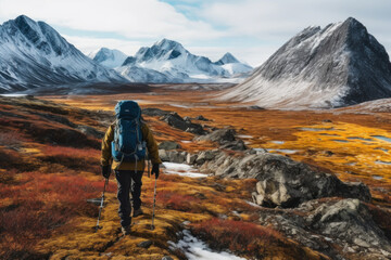 Wall Mural - Hikers and tourists walk up the mountain in the cold atmosphere. Ice mountains and oceans beautiful winter nature landscape. Generative AI