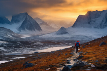 Wall Mural - Hikers and nature explorers Walking in the mountains with a cold atmosphere Beautiful winter nature landscape with morning sun rays. Generative AI