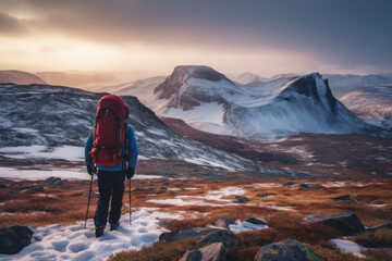 Wall Mural - Hikers and tourists walk up the mountain in the cold atmosphere. Ice mountains and oceans beautiful winter nature landscape. Generative AI