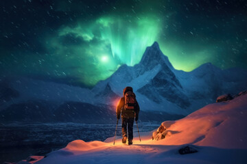 Wall Mural - Backpackers See the Northern Lights Lofoten Islands Norway Northern Lights Mountains and Frozen Ocean Winter landscape at night. Travel to Norway. Generative AI.