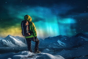 Wall Mural - Backpackers See the Northern Lights Lofoten Islands Norway Northern Lights Mountains and Frozen Ocean Winter landscape at night. Travel to Norway. Generative AI.