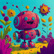 Playful Wonder: Whimsical Cute Robot in a Colorful Digital Illustration