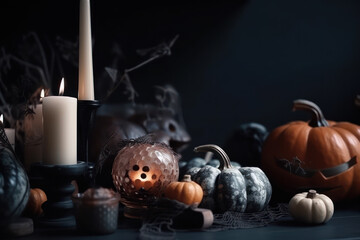 Wall Mural - Candles, pumpkins and lanterns on a black background. Halloween decor.