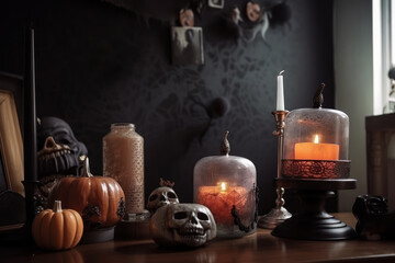 Wall Mural - Candles, pumpkins and lanterns on a black background. Halloween decor.