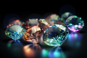 Diamonds with multi-colored reflections in the facets. Close-up.