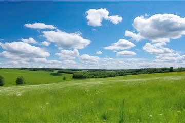 Wall Mural - Green Farm Skyline under the blue sky and white clouds