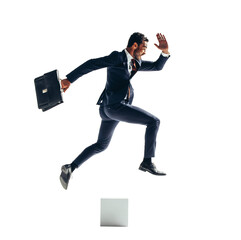 Wall Mural - Businessman with a briefcase jumping an obstacle on a transparent background