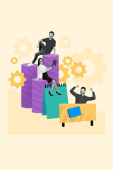 Poster - Poster 3d collage artwork of happy positive partners colleagues working together develop project isolated on drawing color background