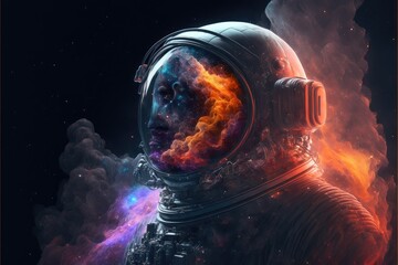 Wall Mural - Surreal image of astronaut with floating intrinsic iridescent in nebula. Element of colorful spiral smoke with space suit on outre imagination design. Finest generative AI.