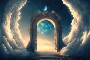 Wall Mural - Heaven fantasy gate with bird's wing in the colorful skyline. Concept of luxurious fantasy bright light walking through successful way in freedom life. Finest generative AI.