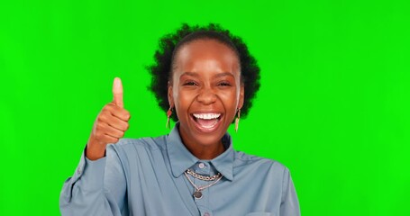 Poster - Thumbs up, face of black woman and excited on green screen isolated on a studio background mockup. Portrait, like hand gesture or funny person with emoji for success, winner or thank you for feedback