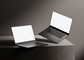 realistic laptop mockup white blank screen with realistic light and shadow overlay on concrete dark 