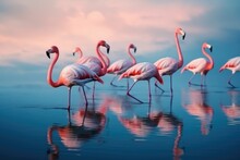 Many Flamingos Swim In The Water Against The Background Of A Beautiful Sky, Pink Birds In Nature In The Tropics. Generative Ai.