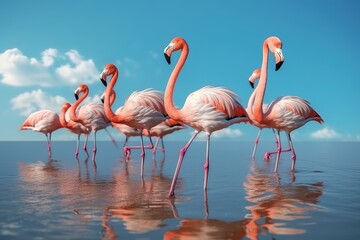 Many flamingos swim in the water against the background of a beautiful sky, pink birds in nature in the tropics. generative ai.