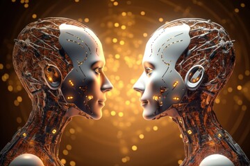 Artificial intelligence digital technology concept. Humanoid robots standing face to face, communication 