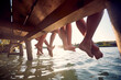 © luckybusiness - friends sitting on the dock and  enjoying together at holiday dangling legs in the water