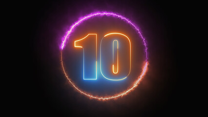 Poster - Abstract neon letter 10 logo design with fire circle. 10 monogram. Number nine glowing in the dark Line creative symbol. Bright Neon Font Number 10. Night Show Alphabet. 3d Rendering Isolated on black