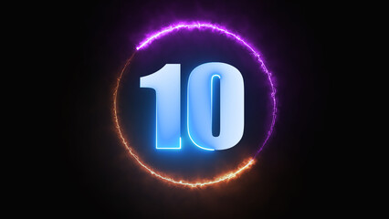 Poster - 10 monogram.  Abstract neon letter 10 logo design with fire circle. Number nine glowing in the dark Line creative symbol. Bright Neon Font Number 10. Night Show Alphabet. 3d Rendering Isolated