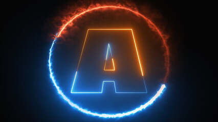 Poster - Abstract neon letter A logo design with fire circle. Alphabet A glowing in the dark Line creative symbol. Bright Neon Font text A. Night Show Alphabet. 3d Rendering Isolated on black background.