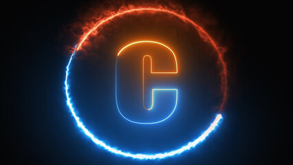 Poster - Abstract neon letter C logo design with fire circle. Alphabet C glowing in the dark Line creative symbol. Bright Neon Font text C. Night Show Alphabet. 3d Rendering Isolated on black background.