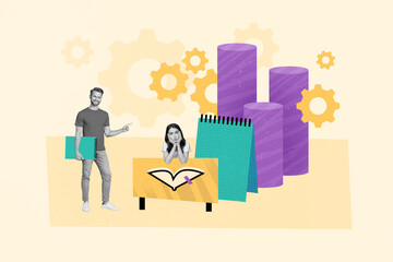 Poster - Sketch collage image of two people bored girl sitting desk study economical courses analyzing bitcoin growth isolated on painted background