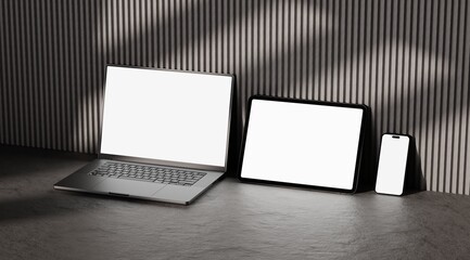 Responsive Web Design and website Mockup, Devices Mock up, Smartphone desktop tablet laptop template Mockup, Realistic 3D Render Illustration.