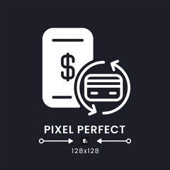 Sticker - Payments white solid desktop icon. Accounting tool. Money transfer software. E commerce. Pixel perfect 128x128, outline 4px. Silhouette symbol for dark mode. Glyph pictogram. Vector isolated image