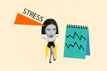 Sticker - Artwork collage picture of stressed lady showing fail startup presentation isolated beige color background