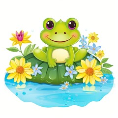 Canvas Print - Cute frog on a green stone with flowers. Cute Little Happy Frog clipart on top of water, AI Generated