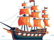 Ocean Voyage: Exploring The Maritime Industry On A Nautical Vessel, Explore A Cartoon Boat Sailing On The Sea, A Maritime Journey Awaits. Pirated Ship Vector Illustration
