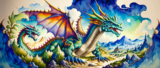  Big magical dragon in the land of fairy tales and magic. Watercolor style. Generative AI.