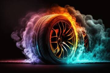 Poster - Car wheel with fire flames on black background
