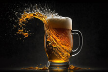 Glass Of Beer With Splash. Beer Splashes On Dark Background. Pouring Beer. Generative AI