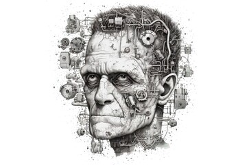 Poster - Frankenstein head isolated on white background. Generated by AI.