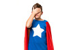 Super Hero caucasian kid over isolated chroma key background covering eyes by hands. Do not want to see something