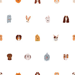 Poster - Cute dogs heads, seamless pattern. Endless canine background, puppies of different breeds. Repeating doggy muzzles print, printable design for textile, wrapping, wallpaper. Flat vector illustration