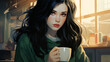 Illustration of a beautiful woman with long black hair pale skin dark red lips blue eyes wearing green sweater in a coffee shop