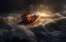 A Rescue Lifeboat On The Big Wave Sea At The Sunset Sky.