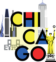 Wall Mural - Typography word Chicago branding technology concept. Collection of flat vector web icons. American culture travel set, architectures, specialties detailed silhouette. Doodle famous landmarks.