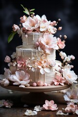 Wall Mural - Illustration of a three tiered cake with pink flowers on top created with Generative AI technology