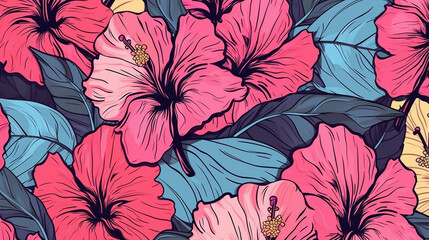 Vintage Hibiscus Flower Wallpaper or Background - With Black Outline in Pop Art Color Scheme - Tropical Floral Background - Generative AI