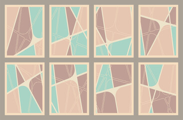 Poster - Retro geometric vector abstract lines art. Pastel colors, trendy bauhaus pattern backgrounds set.