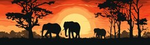 Silhouette Of Elephants In Savanna At Sunset. Vector Illustration