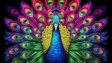 A Rainbow Colored Peacock On Black. (Illustration, Generative AI)