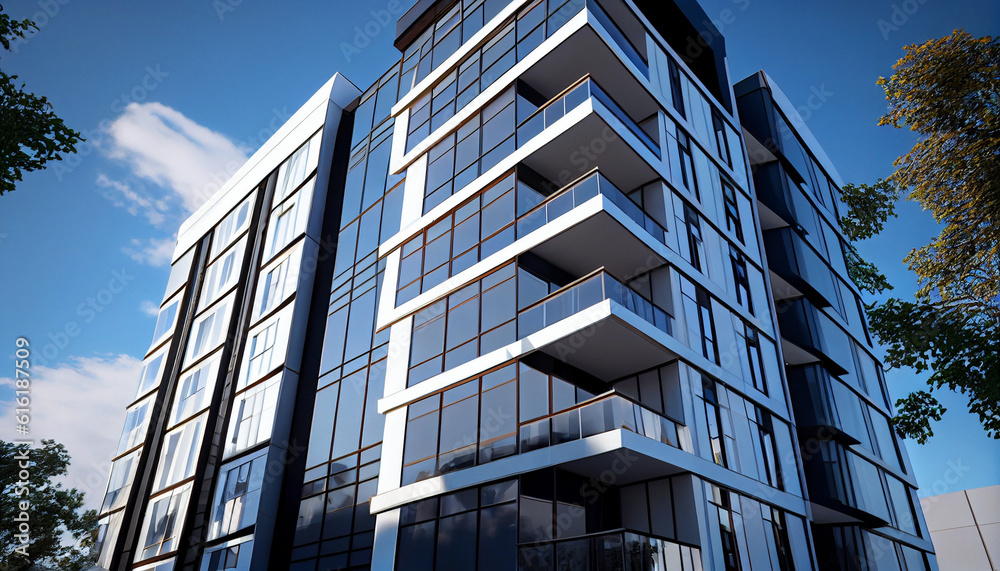 Exterior view of a modern apartment condominium building with white and ...