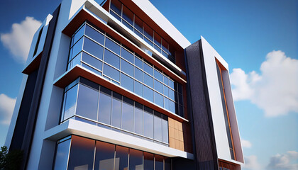 Wall Mural - Exterior view of a modern apartment condominium building with white and glass, stucco and wood accents against a blue sky Ai generated image