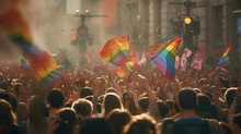 Gay Pride Parade, Gay Pride, Picture Of A Crowd, Lgbt, Lgbtqia , Rainbow Flags, Love, Happyness, Press Photograph, Gay And Lesbian, Trans, Made With Generative AI