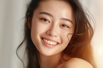 Wall Mural - Beautiful Asian Woman, Close up on her face with Smooth skin look at the camera on a White background in Studio light. generative AI